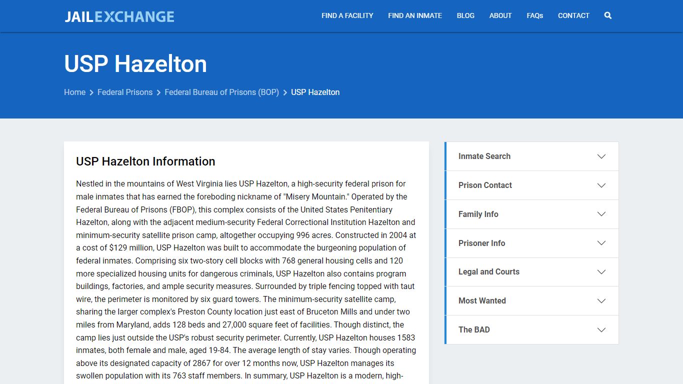 Federal Inmate Search - USP Hazelton - Jail Exchange