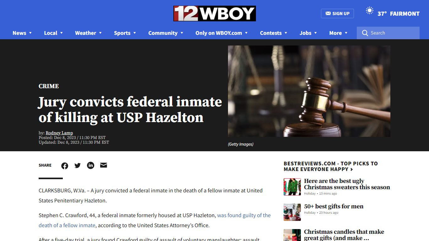 Jury convicts federal inmate of killing at USP Hazelton