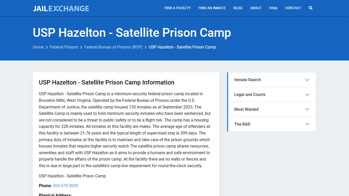 Federal Inmate Search - USP Hazelton - Satellite Prison Camp